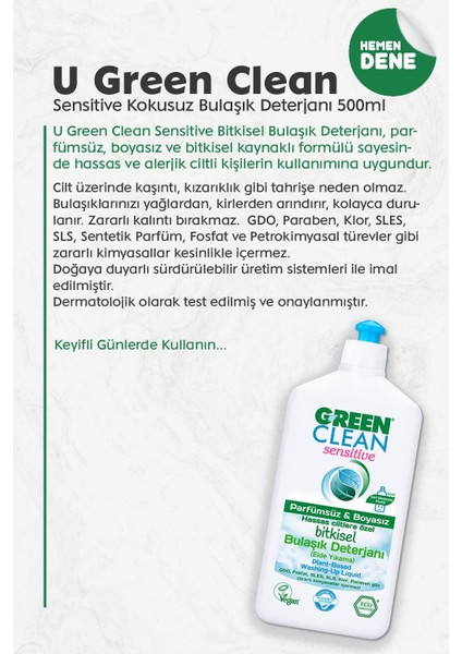 U Green Clean Sensitive Kokusuz Bulaşık Deterjanı 500 ml