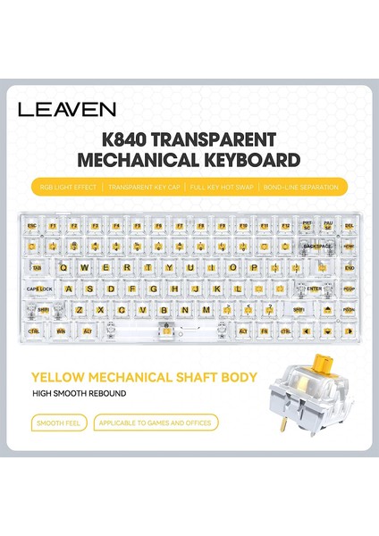 Leaven K840 Type-C Kablolu Klavye LED Rgb 104 Tuşlu Şeffaf Tuş Takımı Gökkuşağı Renkler Mekanik Oyuncu Işıklı Klavye Ergonomik Tasarım Bilgisayar Pc Için Gaming Keyboard Kırmızı Switch fırsatları