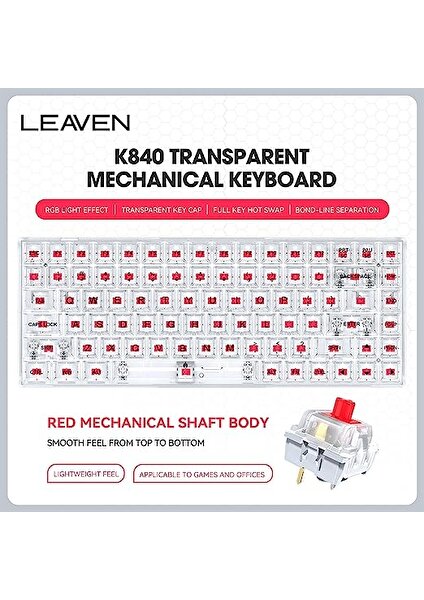 Leaven K840 Hot Swap  Type-C Kablolu Klavye LED Rgb 84 Tuşlu Şeffaf Tuş Takımı Gökkuşağı Renkler Mekanik Gaming  Kırmızı Switch