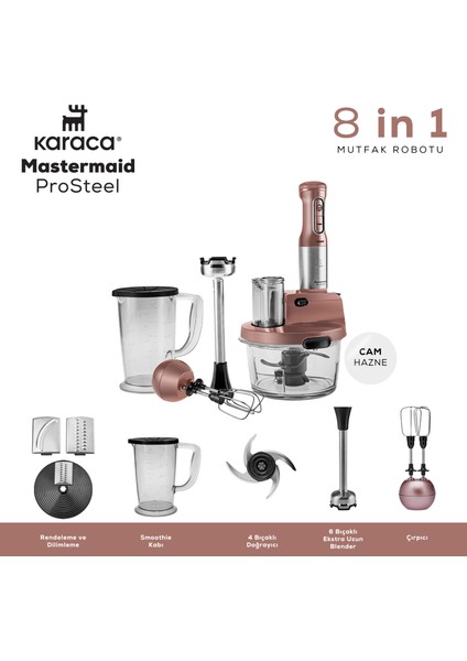 Mastermaid Prosteel Cam Mutfak Robotu Uzun Blender Ayaklı 6 Bıçaklı 2500 W Rosegold