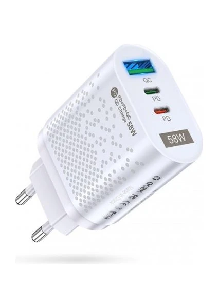 Polham Süper Hızlı 58W 2x Pd Type C, 1x USB Girişli Şarj Başlığı, Yüksek Akım Korumalı Şarj Adaptörü