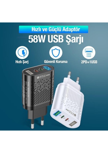 Polham Süper Hızlı 58W 2x Pd Type C, 1x USB Girişli Şarj Başlığı, Yüksek Akım Korumalı Şarj Adaptörü