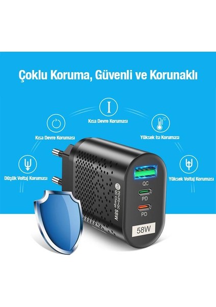 Polham Süper Hızlı 58W 2x Pd Type C, 1x USB Girişli Şarj Başlığı, Yüksek Akım Korumalı Şarj Adaptörü