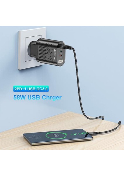 Polham Süper Hızlı 58W 2x Pd Type C, 1x USB Girişli Şarj Başlığı, Yüksek Akım Korumalı Şarj Adaptörü