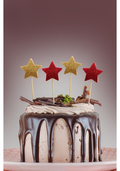 Gold-Kırmızı Çift Taraflı Yıldız Simli Eva Kürdan Cupcake Toppers Cupcake Çubuğu 12'li