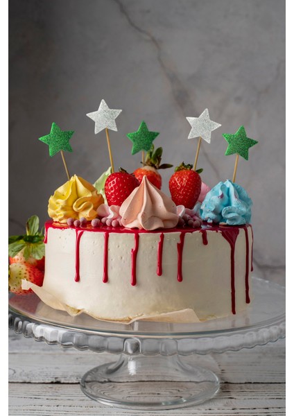 Beyaz-Yeşil Çift Taraflı Yıldız Simli Kürdan Cupcake Toppers Cupcake Çubuğu 12'li