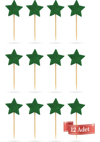 Beyaz-Yeşil Çift Taraflı Yıldız Simli Kürdan Cupcake Toppers Cupcake Çubuğu 12'li modelleri