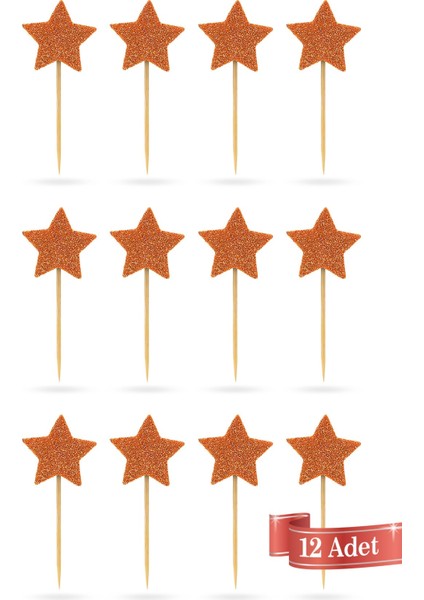 Turuncu-Kahverengi Çift Taraflı Yıldız Simli Eva Kürdan Cupcake Toppers Cupcake Çubuğu 12'li modelleri