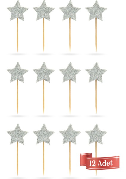 Beyaz Yıldız Simli Eva Kürdan Cupcake Toppers Cupcake Çubuğu 12'li modelleri