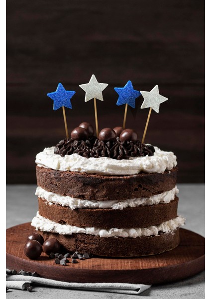 Mavi-Beyaz Çift Taraflı Yıldız Simli Eva Kürdan Cupcake Toppers Cupcake Çubuğu 12'li