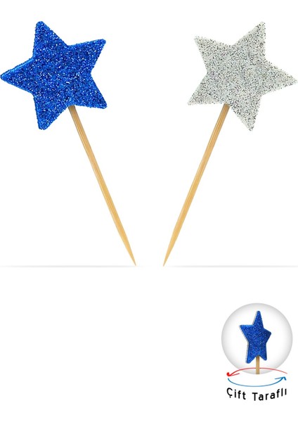 Mavi-Beyaz Çift Taraflı Yıldız Simli Eva Kürdan Cupcake Toppers Cupcake Çubuğu 12'li fiyatları