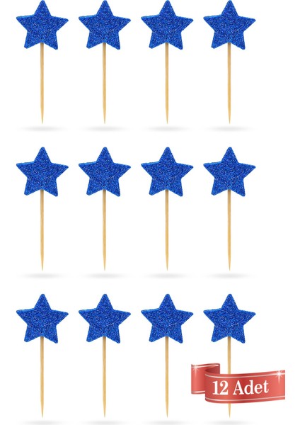 Mavi-Beyaz Çift Taraflı Yıldız Simli Eva Kürdan Cupcake Toppers Cupcake Çubuğu 12'li modelleri