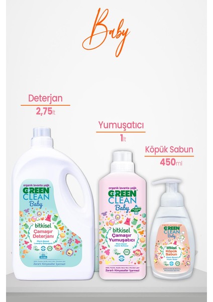 U Green Clean Baby Yumuşatıcı 1 L, Çamaşır Deterjanı Lavanta Yağlı 2750 ml ve Köpük Sabun Portakal 450 ml