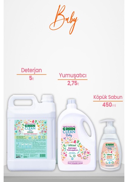 Green Clean Baby Yumuşatıcı 2750 Ml, Çamaşır Deterjanı Lavanta 5 Lt ve Köpük Sabun Portakal 450 ml