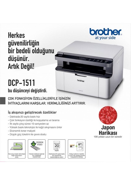 DCP-1511-2T Lazer Yazıcı, Tarayıcı, Fotokopi, 2 Adet Tam Dolu Orijinal Toner ile Birlikte