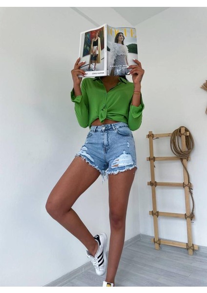 Kadın Yırtık Detaylı Kot Şort