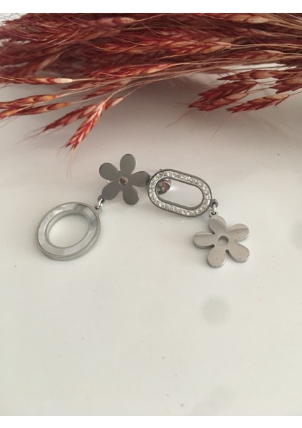 2li Zirkon Taşlı Sedef Taşlı Çelik Tasarım Küpe, Silver