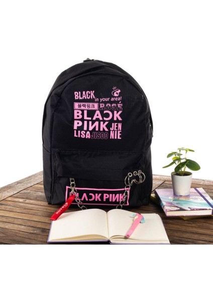 Black Pink Piercingli Zincirli Siyah Sırt Çantası
