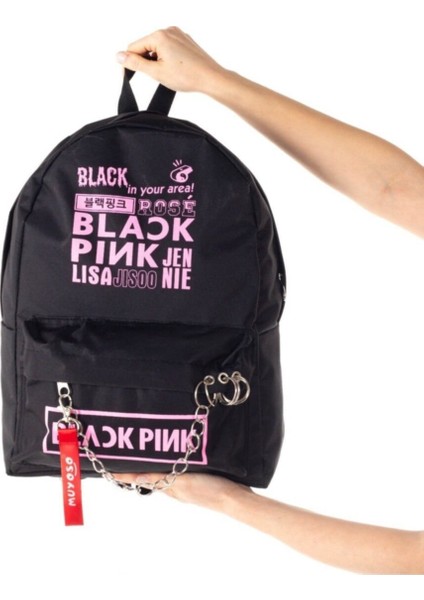 Black Pink Piercingli Zincirli Siyah Sırt Çantası modelleri
