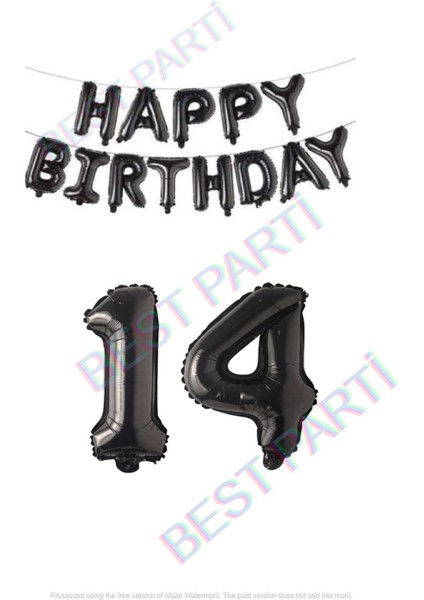 Happy Bırthday Siyah Renk Folyo Balon ve Rakam Seti Yaş 14