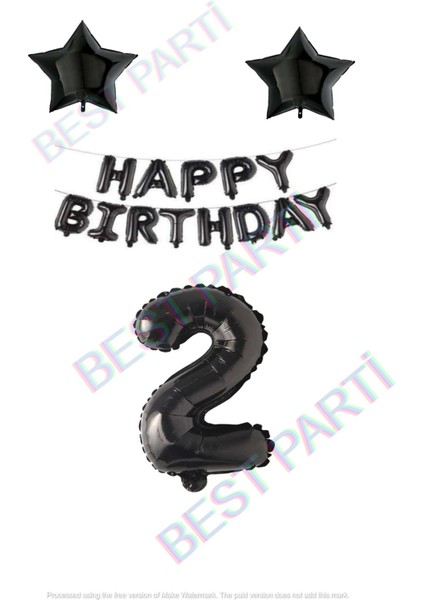 Happy Bırthday Siyah Renk Folyo Balon Yıldız Folyo ve Rakam Seti Yaş 2
