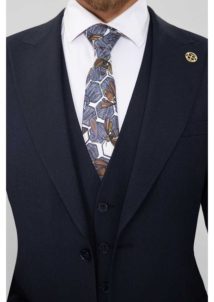 Slim Fit Dıagonel Yeleklı Takım Elbıse Lacivert