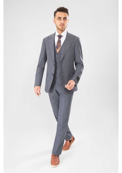 Slim Fit Cızgılı Yeleklı Takım Elbıse Gri
