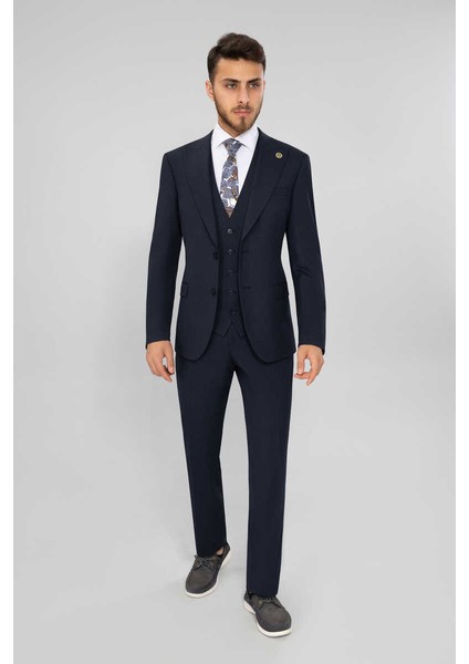 Slim Fit Dıagonel Yeleklı Takım Elbıse Lacivert
