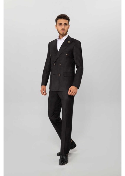 Slim Fit Cızgılı Kruvaze Takım Elbıse Siyah