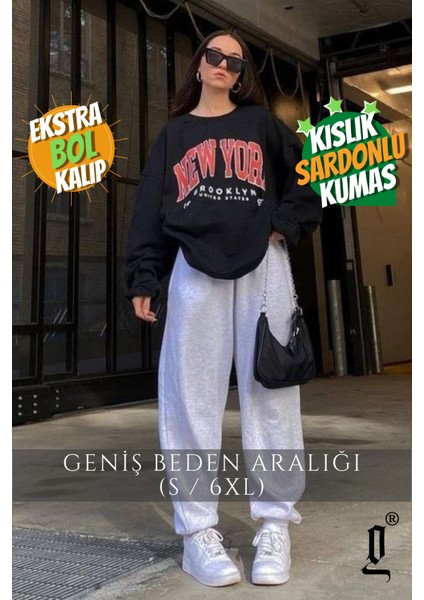Büyük Beden Kışlık Gri / Siyah Kadın Yüksek Bel Kışlık Oversize Eşofman Altı fiyatları