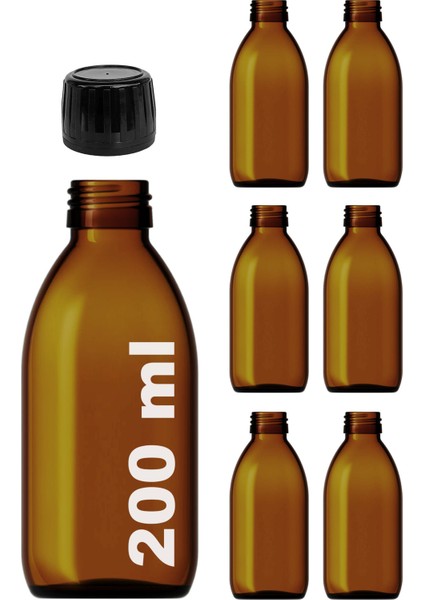 200 cc Amber Ecza Şişesi 200 ml Kilitli Siyah Kapaklı Kahverengi Yuvarlak Cam Şişe 6 Adet