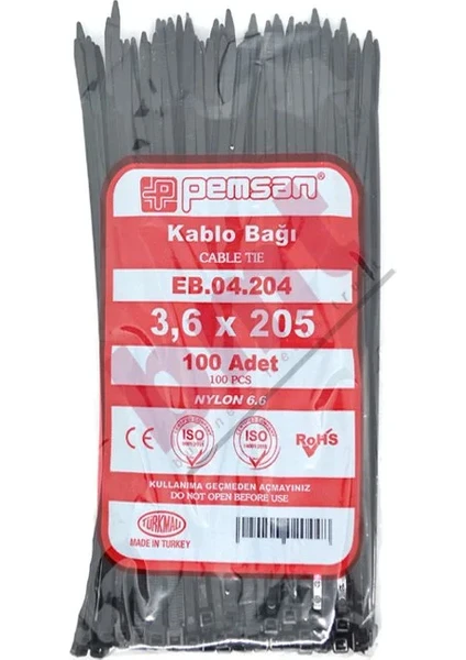 3,6 mm x 205 mm Kablo Bağı Siyah 100 Adet