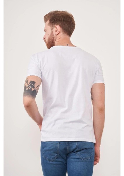 Çetinkaya Mentality 2772BÜYÜK Beden -S V Yaka Açık Basic T-Shirt Beyaz %100 Pamuk