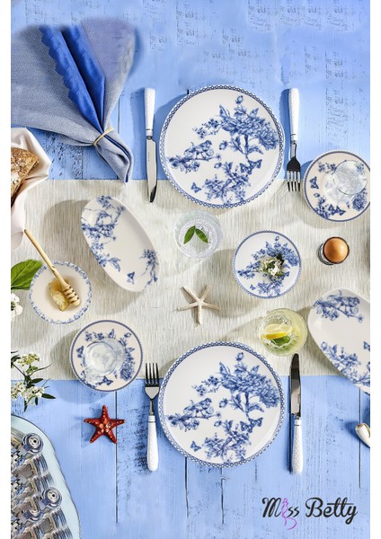 22 Parça 6 Kişilik Blue Life Kahvaltı Takımı Porselen New