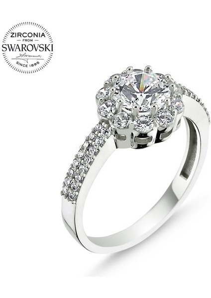 Gümüş Swarovski Zirconia Taşlı Yarımtur Tektaş Yüzük