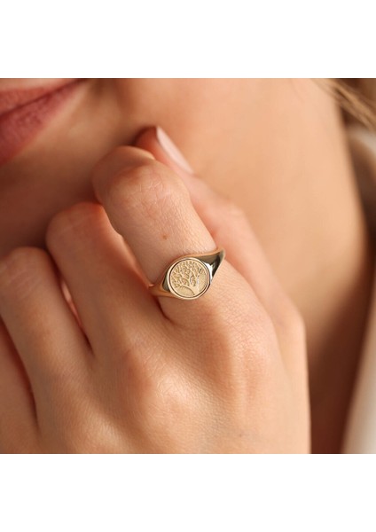 14 Ayar Altın Şövalye Yüzük Hayat Ağacı Kabartmalı