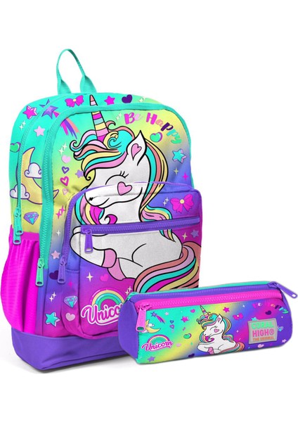 Lavanta Su Yeşili Unicorn Desenli Dört Bölmeli Okul Sırt Çanta Seti