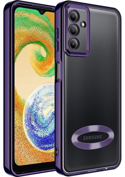 Samsung Galaxy A54 Kılıf Kamera Korumalı Logo Gösteren Şeffaf Kapak Koyu Mor