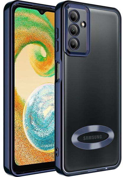 Samsung Galaxy A14 Kılıf Kamera Korumalı Logo Gösteren Şeffaf Kapak Koyu Mavi