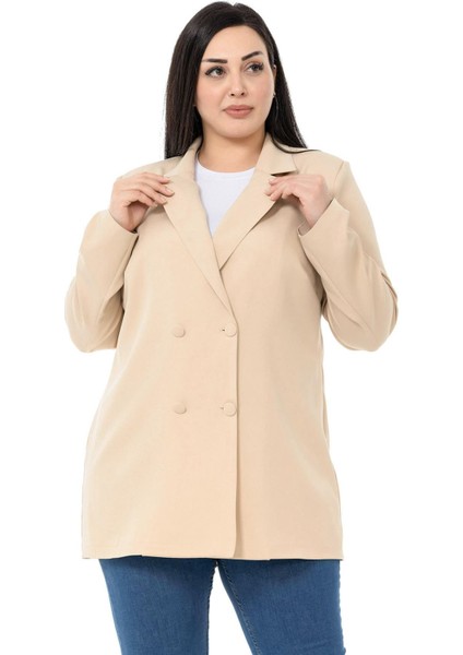 Büyük Beden Kaplama Düğmeli Kruvaze Bej Rengi Astarsız Ceket fırsatları