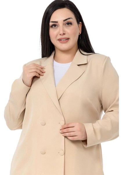 Büyük Beden Kaplama Düğmeli Kruvaze Bej Rengi Astarsız Ceket indirimleri