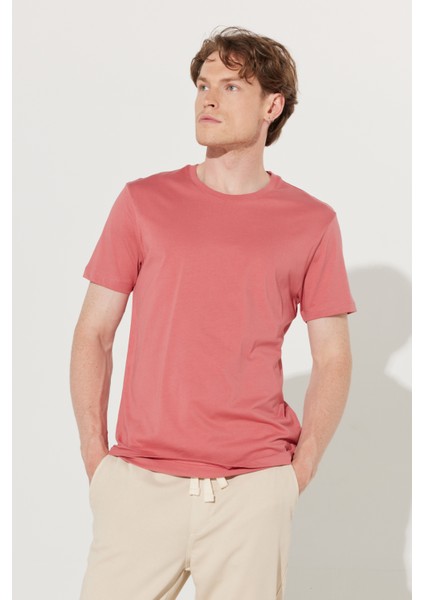 Erkek Kiremit Slim Fit Dar Kesim %100 Pamuk Bisiklet Yaka Tişört