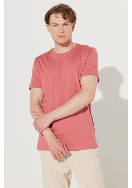 Erkek Kiremit Slim Fit Dar Kesim %100 Pamuk Bisiklet Yaka Tişört