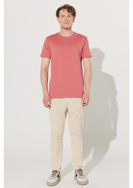 Erkek Kiremit Slim Fit Dar Kesim %100 Pamuk Bisiklet Yaka Tişört