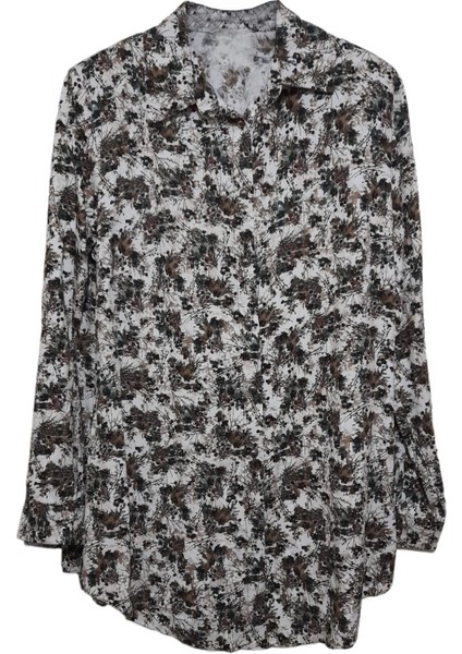 Büyük Beden Krem-Yeşil Desenli Gömlek