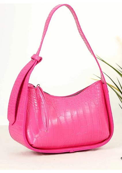 Moon Timsah Deri Desenli Baget Kadın Omuz Çantası Fuşya modelleri