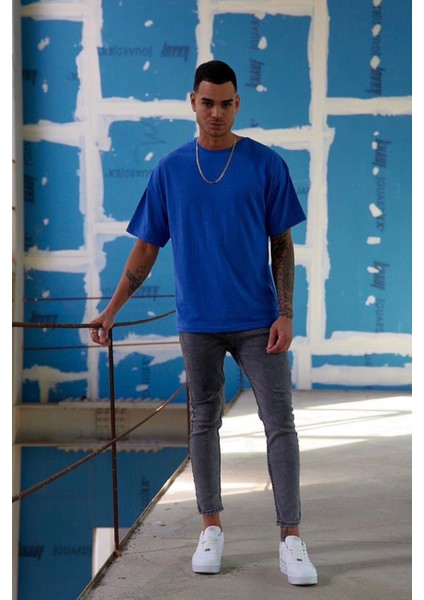 Erkek Oversize Mavi T-Shirt