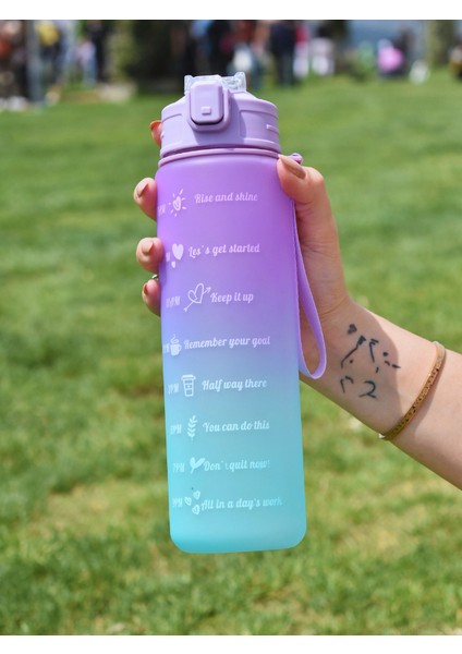 900 ml Pipetli Motivasyonel Su Matarası Motive Edici Suluk Motivasyon Matarası- Sticker Hediyeli
