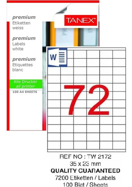 Bilgisayar Etiketi TW-2172 35X23 mm 100 Lü Lazer Etiket 1 Paket Tanex Davetiye Kargo Koli Kutu Etiketi