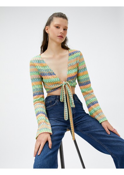 Kroşe Tişört Uzun Kollu Önden Bağlamalı V Yaka